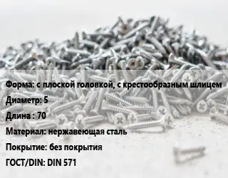 Шуруп с плоской головкой, с крестообразным шлицем 5х70 нержавеющая сталь без покрытия ГОСТ: DIN 571